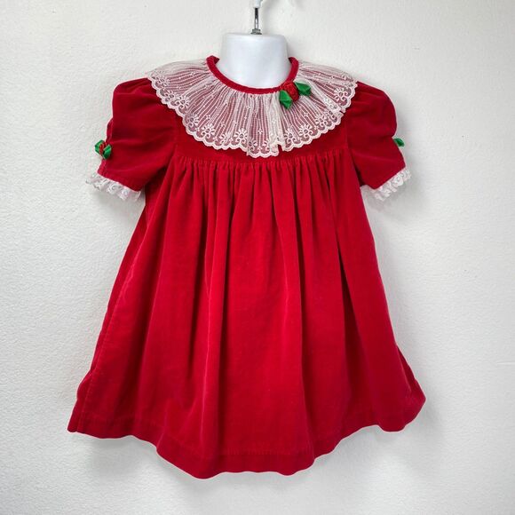 Vintage Girls Red Velvet Dress Lace Collar Puff Sleeve Holiday Christmas Size 4T - Picture 1 of 9